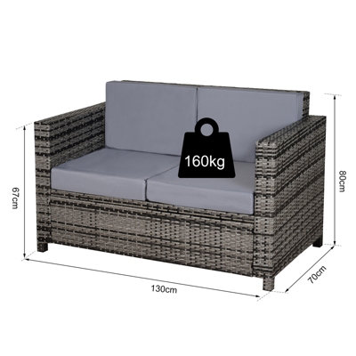 Outsunny Rattan Wicker 2-seat Sofa Loveseat Padded Garden Furniture All Weather Grey - 3