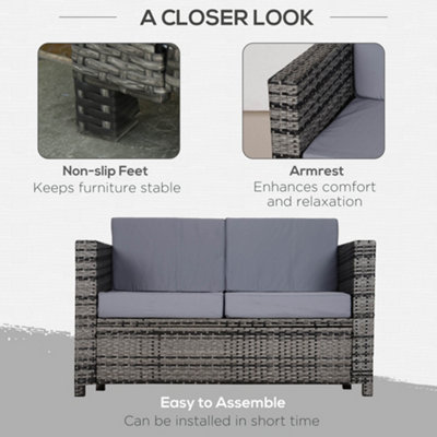 Outsunny Rattan Wicker 2-seat Sofa Loveseat Padded Garden Furniture All Weather Grey - 4