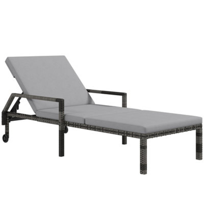 Outsunny Rattan Wicker Chaise Sun Lounger Garden w/ Adjustable Backrest & Wheels Grey