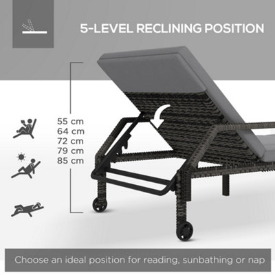Outsunny Rattan Wicker Chaise Sun Lounger Garden w/ Adjustable Backrest & Wheels Grey - 4