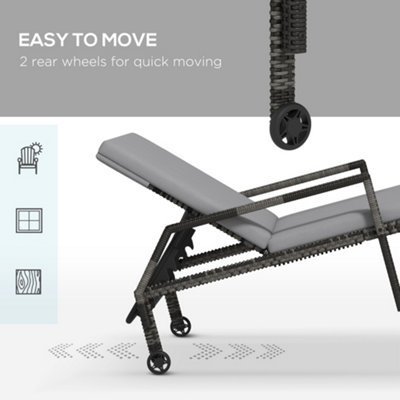 Outsunny Rattan Wicker Chaise Sun Lounger Garden w/ Adjustable Backrest & Wheels Grey - 5