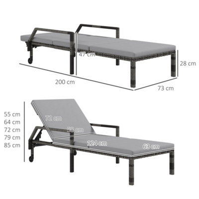 Outsunny Rattan Wicker Chaise Sun Lounger Garden w/ Adjustable Backrest & Wheels - 3