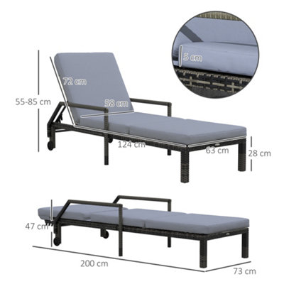 Outsunny Rattan Wicker Chaise Sun Lounger Garden with Adjustable Backrest & Wheels - 3
