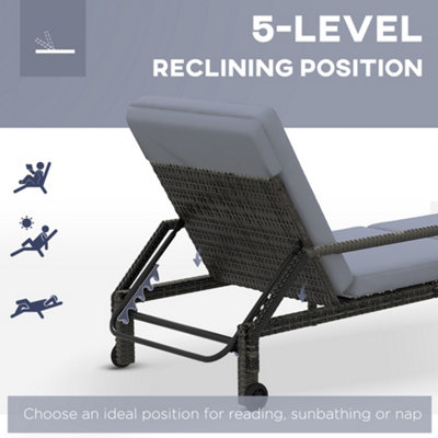 Outsunny Rattan Wicker Chaise Sun Lounger Garden with Adjustable Backrest & Wheels - 4