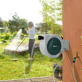 Outsunny Retractable Hose Reel Wall Mounted with Lock, Light Grey