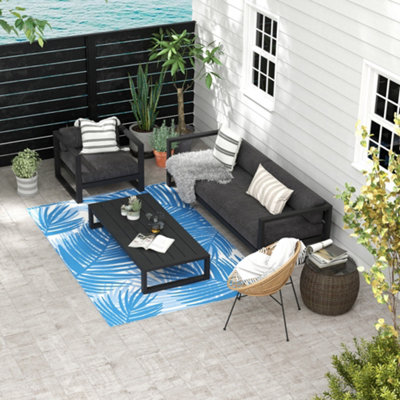 Outsunny Reversible Waterproof Outdoor Rug W/ Carry Bag, 182 x 274cm, Blue and Cream