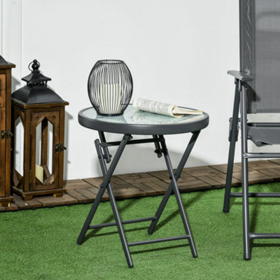 Outsunny Round Folding Side Table w/ Imitation Marble Glass Top, White