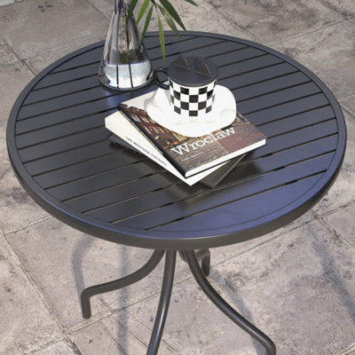 Outsunny Round Garden Table Outdoor Side Table with Steel Frame Slat Top Black - 7