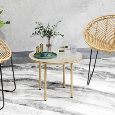 Outsunny Round Small Garden Table with Faux Marble Glass Top, Beige