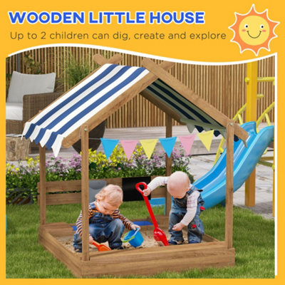 Outsunny Sand Pit with Canopy, Blackboard, Toys, Sink, Seats, Flags for Kids
