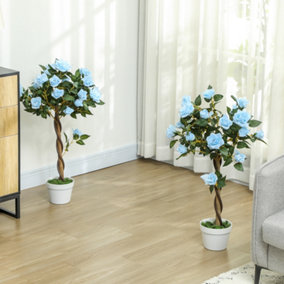 Outsunny Set of 2 90cm Artificial Rose Tree, Fake Decorative Plant, Blue