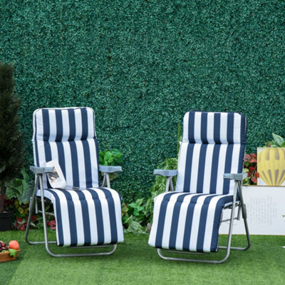Outsunny Set of 2 Folding Sun Lounger Recliner Chairs Daybed Cushion Blue White