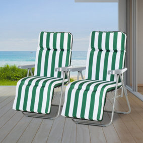 Outsunny Set of 2 Folding Sun Lounger Recliner Chairs Daybed Cushion Green White