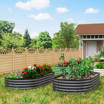 Outsunny Set of 2 Raised Beds for Garden with Metal Plant Stakes, Dark Grey