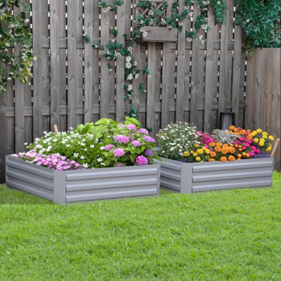 Outsunny Set of 2 Raised Garden Bed Galvanised Planter Box Grey