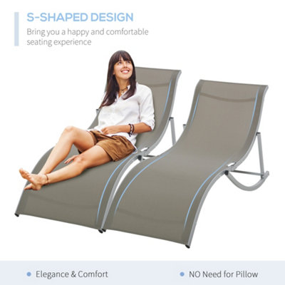 Outsunny Set of 2 S-shaped Foldable Lounge Chair Sun Lounger Reclining Outdoor Chair for Patio Beach Garden Light Grey - 6