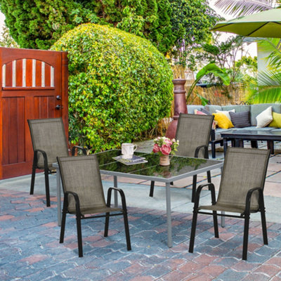 Outsunny Set of 4 Garden Dining Chair Set Outdoor w/ High Back Armrest Brown