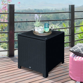 Outsunny Side Table Furniture Tempered Glass Garden Patio Wicker Black