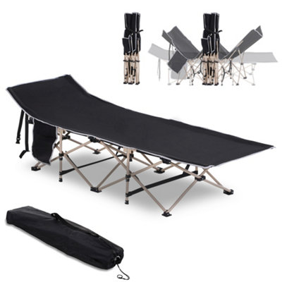 Outsunny Single Camping Bed Folding Cot Portable Military Sleeping Bed Guest Leisure Fishing w/ Side Pocket and Carry Bag - Black