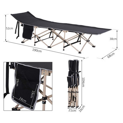 Outsunny Single Camping Bed Folding Cot Portable Military Sleeping Bed Guest Leisure Fishing w Side Pocket and Carry Bag Black