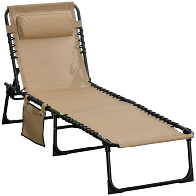 Outsunny Sun Lounger, Folding Camping Bed 5-position Adjustable Beige