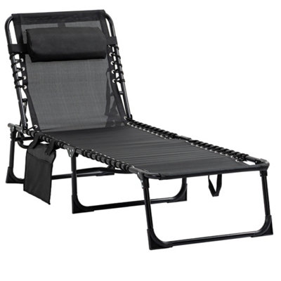 Outsunny Sun Lounger, Folding Camping Bed Cot, Reclining Lounge Chair 5-position Adjustable Backrest with Side Pocket, Pillow