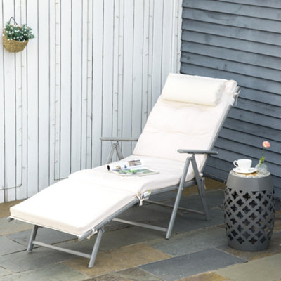 Outsunny Sun Lounger Recliner Foldable Padded Seat Adjustable Texteline White