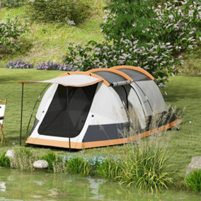 Outsunny Tunnel Tent with Bedroom, Living Room and Porch for 3-4 Man, Orange