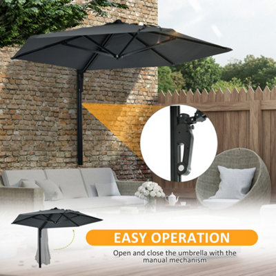 Outsunny Wall-Mounted Parasol Patio Umbrella with Hand to Push System Dark Grey - 5