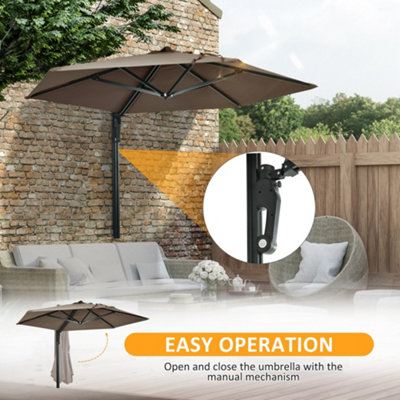 Outsunny Wall-Mounted Parasol Patio Umbrella with Hand to Push System Khaki