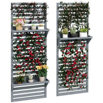 Outsunny Wall Mounted Plant Stands Set of 2 with Shelves and Slatted Trellis, Grey