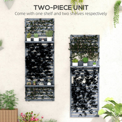 Outsunny Wall Mounted Plant Stands Set of 2 with Shelves and Slatted Trellis, Grey