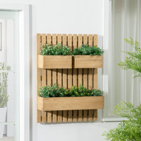 Outsunny Wall-mounted Wooden Garden Planters with Trellis, Drainage Holes and 3 Movable Planter Boxes, Wall Raised Garden,Natural