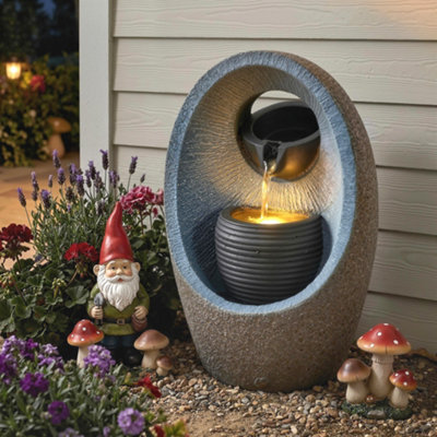 Outsunny Water Feature with 2-Tier Bowls, Pump and LED Lights