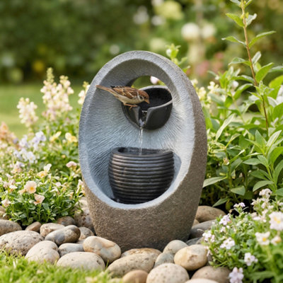 Outsunny Water Feature with 2-Tier Bowls, Pump and LED Lights
