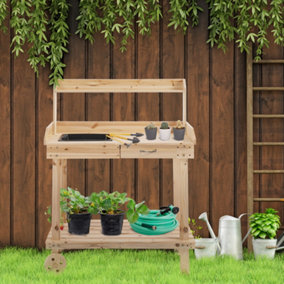 Outsunny Wood Potting Bench Work Table w/ 2 Wheels & Drawer, 92x45x119cm