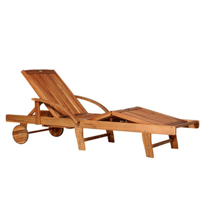 Outsunny Wood Sun Bed Lounger Chaise  Back Footrest Patio Furniture with Wheels