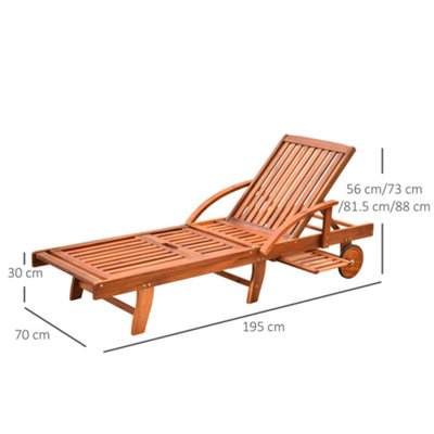 Outsunny Wood Sun Bed Lounger Chaise  Back Footrest Patio Furniture with Wheels - 3