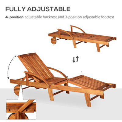 Outsunny Wood Sun Bed Lounger Chaise  Back Footrest Patio Furniture with Wheels - 7