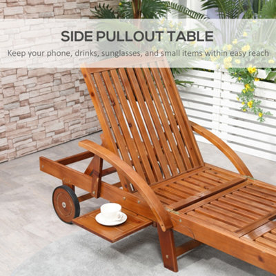 Outsunny Wood Sun Bed Lounger Chaise  Back Footrest Patio Furniture with Wheels - 4
