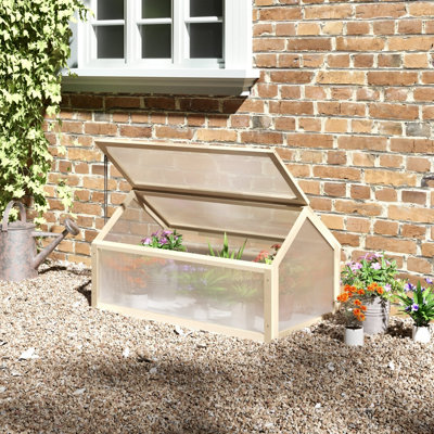 Outsunny Wooden Cold Frame Greenhouse Garden Polycarbonate Grow House, Natural