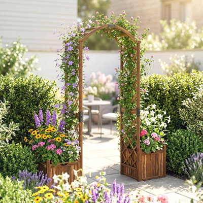 Outsunny Wooden Garden Arch with 2 Planter Boxes, Decorative Garden Arbor