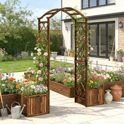 Outsunny Wooden Garden Arch with 2 Planter Boxes, Decorative Garden Arbor