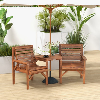 Outsunny Wooden Garden Love Seat w/ Coffee Table Partner Bench Tan Brown