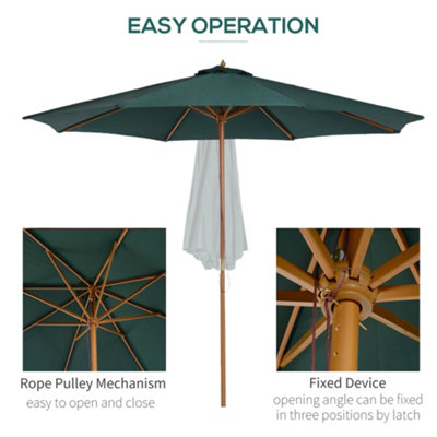 Outsunny Wooden Garden Parasol with Rope Pulley Mechanism and 8 Ribs Dark Green - 5