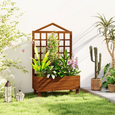 Outsunny Wooden Garden Planters with Trellis for Vine Climbing Plants Brown