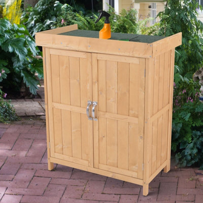 Outsunny Wooden Garden Shed Double Door Tool Storage House, 74x43x88cm, Natural