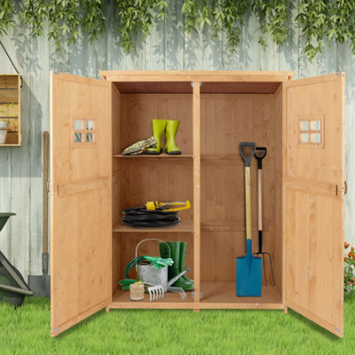 Outsunny Wooden Garden Shed Tool Storage Cabinet Double Door Shelf Natural Wood - 7