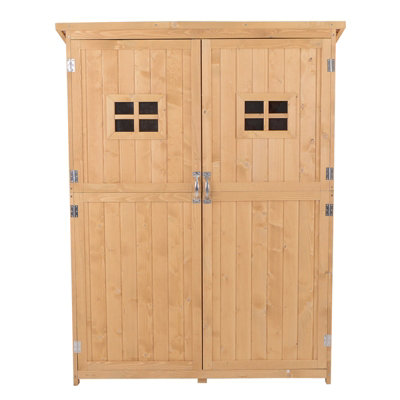 Outsunny Wooden Garden Shed Tool Storage Cabinet Double Door Shelf Natural Wood - 8