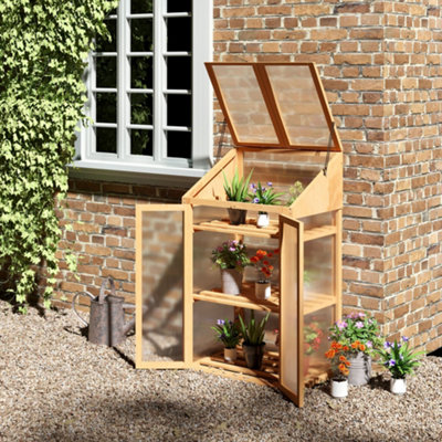 Outsunny Wooden Greenhouse Cold Frame Grow House w/ Double Door for Flower Brown